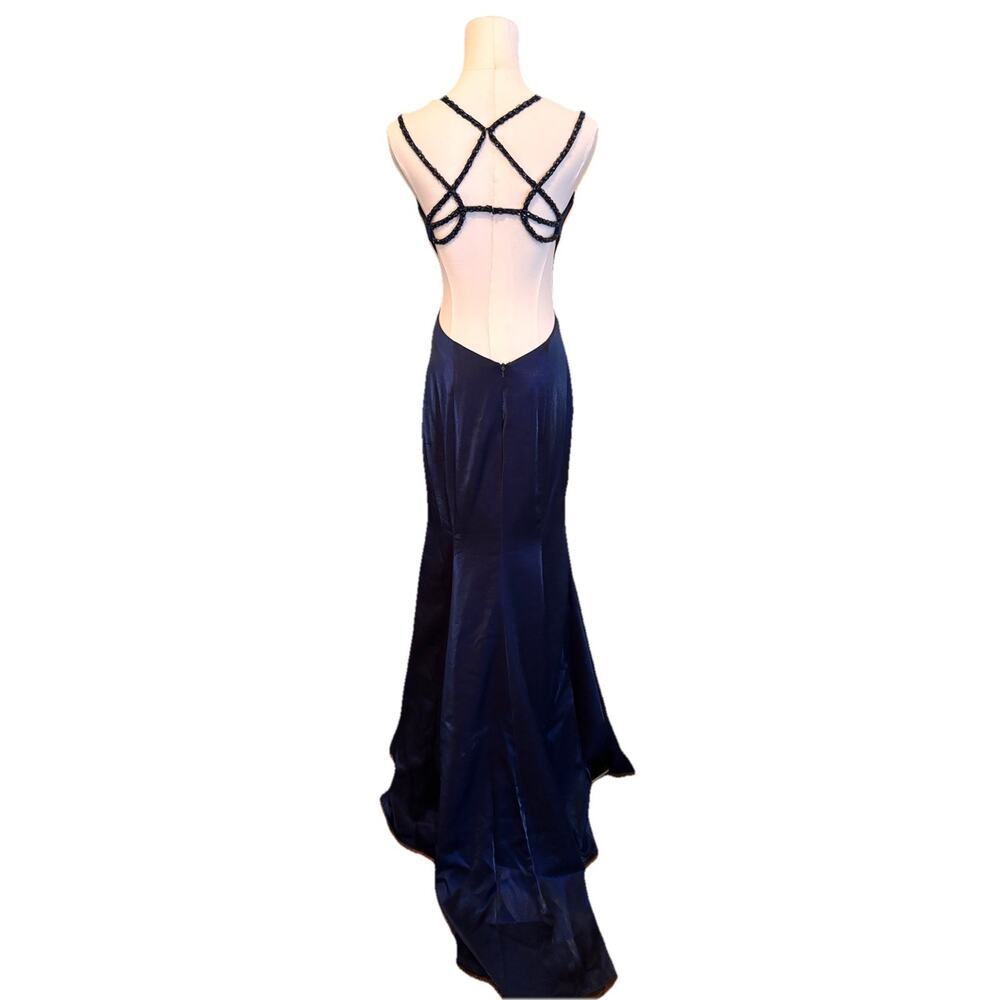 La Femme Y2K Blue Mermaid Flair Evening Gown Formal Prom Dress Illusion Plunge 6 - Picture 8 of 12
